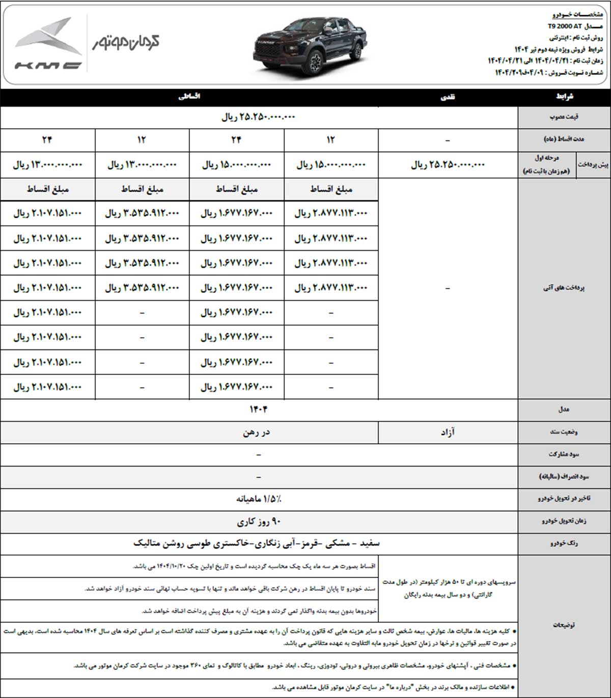 شرایط فروش نقدی و اقساطی کی‌ام‌سی ایگل و T9، نیمه دوم تیر 1404